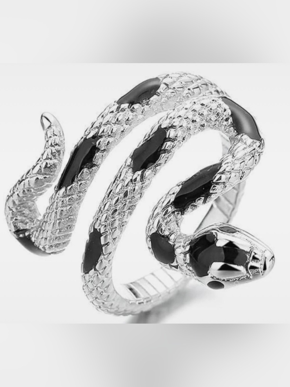 Silver Snake Coil Reptile Ornament Ring - Silver/Black. Adjustable.